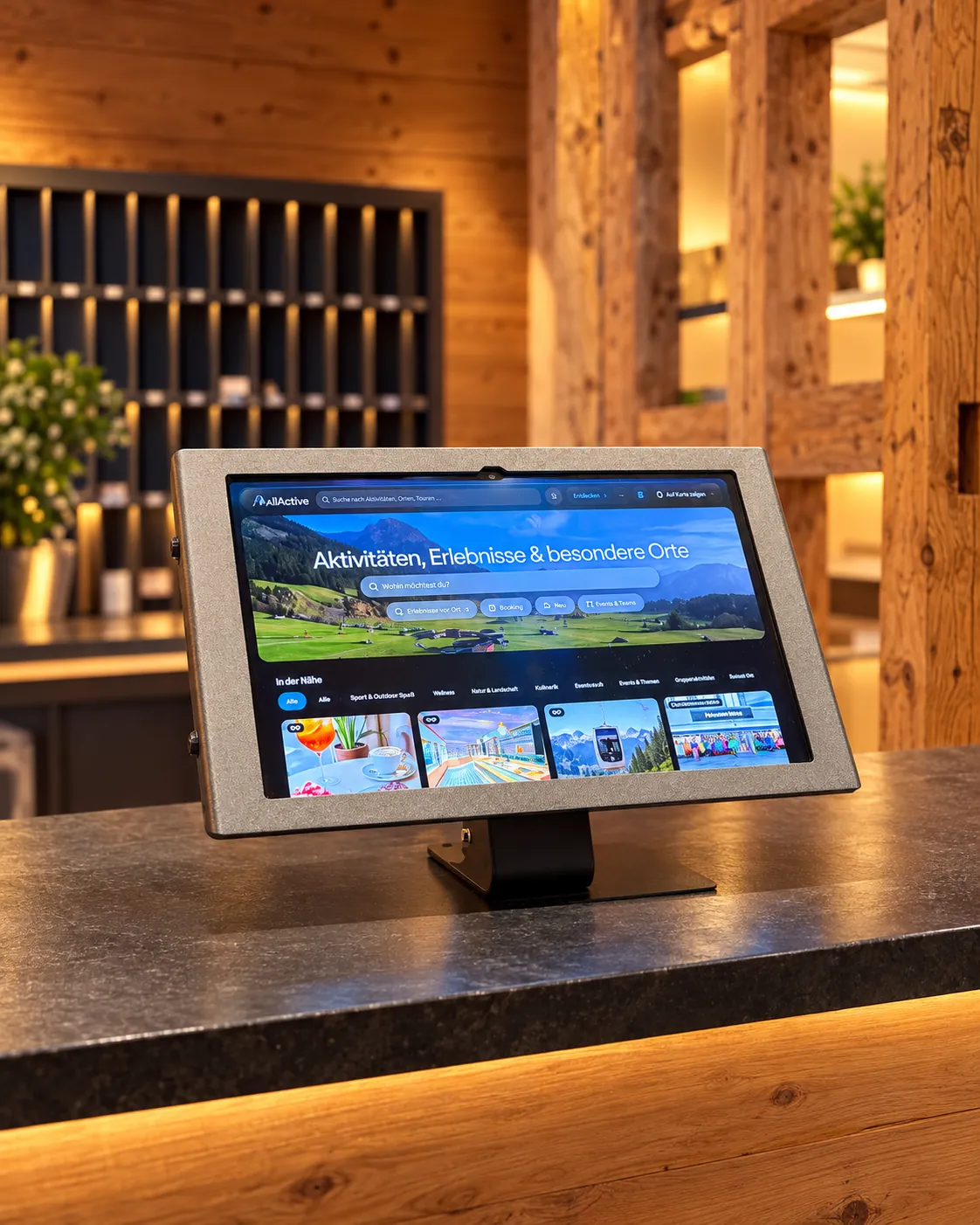Erlebnis-Tablet auf einem Tresen in einer Holz-Rezeption